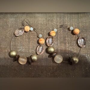 Handcrafted Multicolor Beaded Hoop Earrings - Peach & Silver & Gold Accents